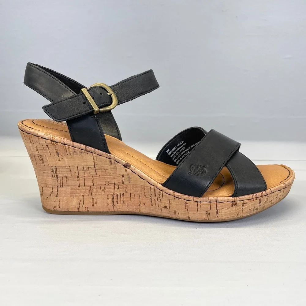 Born Alaina Platform Wedge Sandals Womens Size 10 Black Leather Ankle Strap Shoe